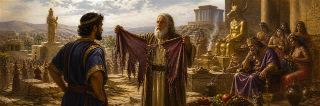 Ahijah tearing a cloak before Jeroboam while aging Solomon sits among foreign shrines
